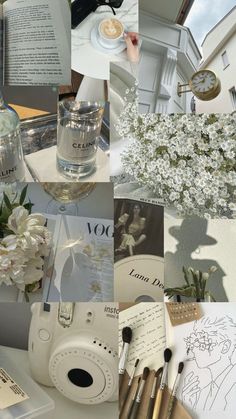 a collage of photos with flowers, books, and other things to draw on the table