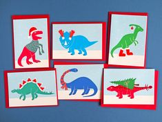 four greeting cards with dinosaurs on them, one in red and the other in blue