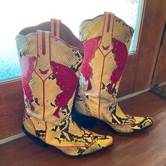 Vero Cuoio Cowboy Heeled Boots. Yellow And Black Snakeskin With Red Trim Red Butterflies Front And Back. Used But Snakeskin In Great Shape! 8.5m Snakeskin Cowboy Boots, Red Butterfly, Yellow And Black, Shoes Heels Boots, Red Yellow, Snake Skin, Cowboy Boots, Shoes Women Heels, Heeled Boots