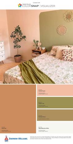 a bed room with a neatly made bed and lots of color swatches on the walls