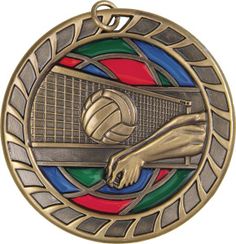 a bronze medal with a volleyball ball and net on it's center circle, surrounded by multicolored lines