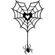 a black and white drawing of a spider web with a heart on it's back