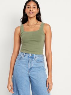 square neck wide straps fitted hits just below natural waist models are approx.  5'9" and wear sizes s (4), l (12) and xl (18) Best Tank Tops For Broad Shoulders, Chic Pants, Broad Shoulders, Best Tank Tops, Art References, Wide Straps, Petite Size, Face Drawing, Cropped Tank Top