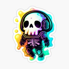 a skull in an astronaut suit with colorful paint splatters