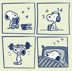 a comic strip with snoopy doing different things in the same room, including books and music