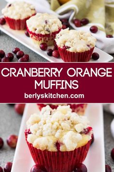 cranberry orange muffins on a white plate with cherries in the background