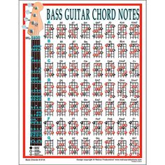 the bass guitar chords chart is shown in red and blue, with an orange border