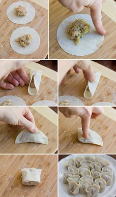 the process of making dumplings is being made with dough and rolled up in pieces