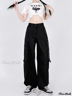 Olivia Mark - Y2K Solid Button Front Pockets Cargo Pants, Casual Wide Leg Baggy Pants, Women's Clothing Y2k Style Cotton Straight Pants, Y2k Cotton Straight Pants, Y2k Straight Cotton Pants, Y2k Straight Pants With Pockets, Y2k Style Cotton Trousers, Y2k Style Straight Cargo Pants With Pockets, Casual Full Length Pants With Buttons, Utility Full Length Pants With Button Closure, Casual Full Length Buttoned Pants