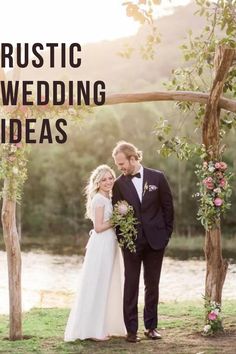 a bride and groom standing under an arch with the words rustic wedding ideas on it