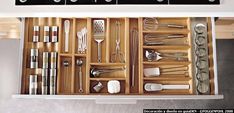 an overhead view of kitchen utensils and cooking utensils in a drawer