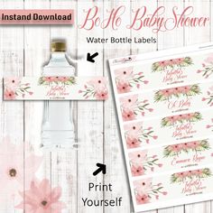 water bottle labels with pink flowers on them