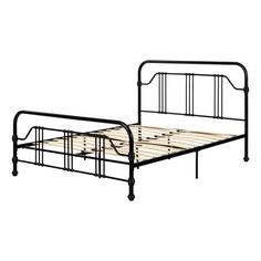 a metal bed frame with wooden slats