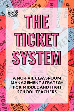 the ticket system book cover with pink and blue text on it, surrounded by colorful tickets