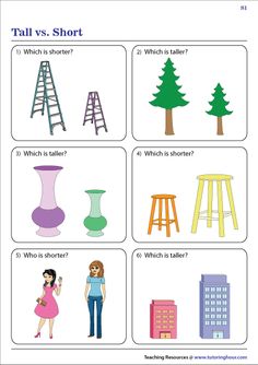 worksheet showing different types of tall buildings and ladders for kids to learn