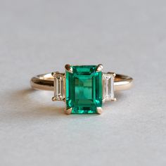 18k Emerald With Baguette Diamonds Ring, 1.4 Carat Emerald Ring, Three Stone Ring, Engagement Ring, Emerald Ring, Lab Grown Emerald Ring - Etsy Emeral Rings, Emerald 3 Stone Ring, Emerald Gold Ring Vintage, Three Stone Emerald Ring, Emerald Ring Vintage Gold, Art Deco Emerald Engagement Ring, Diamond Ring With Emerald Accents, Emerald Cut Emerald Engagement Ring, Emerald Stone Engagement Ring