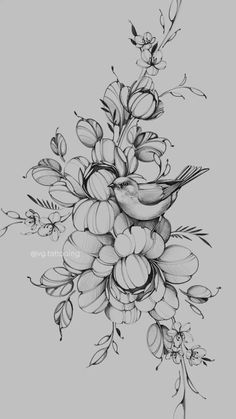 a drawing of flowers and birds on a gray background