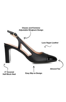 A glossy cap toe adds a touch of shine to a slingback pump raised on a squared heel. 3" heel Slingback strap with buckle closure Comfort cushioned footbed Synthetic upper, lining and sole Imported Slingback Pumps With 4-inch Block Heel, Fitted Slingback Pumps With 4-inch Block Heel, Medium Width Patent Leather Slingback Heels, Elegant Slingback Pumps With Block Heel, Black High Heel Slingback Pumps With Rubber Cap, Formal Slingback Heels With Rubber Heel Cap, Formal Black Slingback Pumps With Rubber Heel Cap, Journee Collection, Slingback Pump