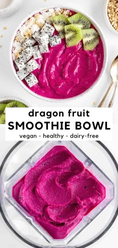 dragon fruit smoothie bowl with kiwis in the background