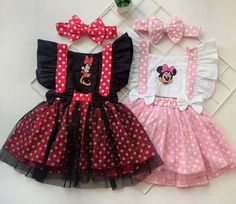 two minnie mouse dresses with matching headbands