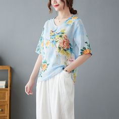 Women's Cotton Linen Blouse Floral Pattern Vintage Shirt V Neck Mid Sleeve Loose Lightweight Top Casual Floral Print Tunic Top, Casual Floral Print Short Sleeve Tunic, Floral Pattern Vintage, Vintage Floral Pattern, Linnet, Spring Outfits Women, Linen Blouse, Lightweight Tops, Women Shirts Blouse