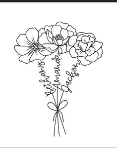 a bouquet of flowers is shown in this black and white drawing, it looks like an outline