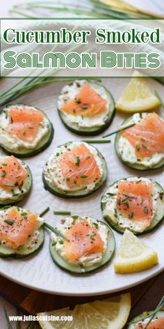 Quick and tasty Cucumber Smoked Salmon Bites are the perfect entertaining no cook appetizer. Cool and fresh cucumber slices topped with herb cream cheese and thinly sliced smoked salmon. Great for dinner parties or to enjoy with a summer beverage. Appetizer Recipes, Appetizer