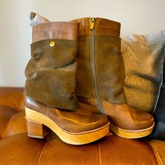 These Are Amazing. Such A Unique Boot. Used But Plenty Of Life Left. Daughters Foot Grew Too Fast So She Didn’t Get Much Use Out Of Them. Brown Slip-on Boots With Stacked Heel, Brown Leather Boots With Leather Trim, Chic Brown Boots With Leather Footbed, Brown Leather-lined Boots For Spring, Spring Brown Boots With Leather Lining, Brown Leather Trim Boots For Fall, Brown Boots With Leather Footbed And Medium Width, Brown Suede Boots For Spring, Spring Brown Suede Boots