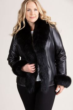 Marilyn Lambskin Leather Jacket with Frosted Fox Fur Trim | Overland Luxury Formal Fur Coat With Faux Fur Trim, Formal Outerwear With Faux Fur Trim, Elegant Black Sheepskin Fur Coat, Classic Fitted Leather Jacket With Faux Fur Lining, Formal Fur Coat With Faux Fur Trim, Luxury Formal Fur Coat With Faux Fur Lining, Classic Leather Jacket For Winter Evenings, Classic Faux Fur Coat With Fur Trim, Classic Leather Jacket With Faux Fur Trim