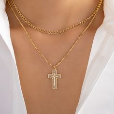 Attached layers Includes everything pictured Material: gold plated brass, crystals Length: 15" + 3" extension Pendant size: 0.7" x 1" IMPORTED Jewelry Care, Charm Jewelry, Cross Necklace, Gold Plate, Plating, Brass, Crystals, Pendant, Gold