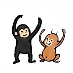 two monkeys standing next to each other with their arms in the air