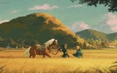 two children are walking in a field with a horse