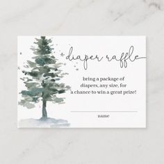 a watercolor pine tree with stars on it and the words paper raffle written in black