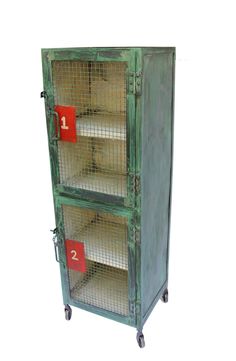 a green metal cabinet with three shelves and numbers on the front, two are red