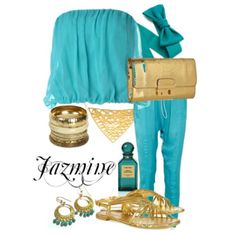 a woman's outfit with gold accessories and shoes