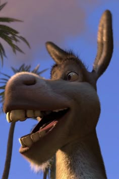 a close up of a donkey face with palm trees in the backgroung