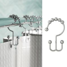 a bathroom with a shower curtain rod and hooks