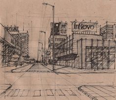 a drawing of a city street with buildings in the background