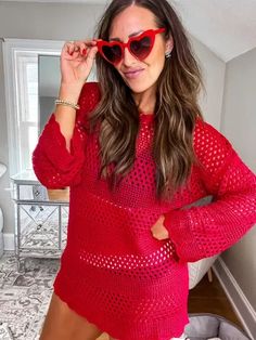 July 4th beach cover up. The cutest mesh bright red bathing suit cover up paired with heart sunglasses. Such a fun little holiday look!! Red Bathing Suit, Red Bathing Suits, Bathing Suit Cover, Heart Sunglasses, Bathing Suit Cover Up, Holiday Looks, Work Travel, Female Travel