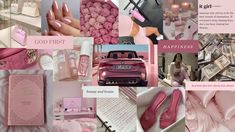 a collage of pink and white items including shoes, perfumes, cards, and pictures