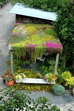 an outdoor bench covered in plants and flowers