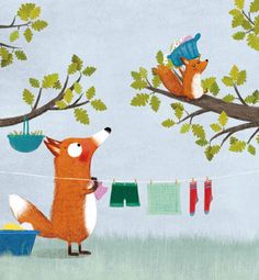 an illustration of a fox hanging clothes on a line and another animal in the background