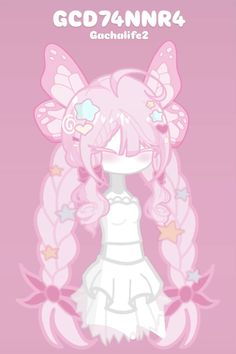 an anime character with pink hair and butterfly wings on her head, standing in front of a