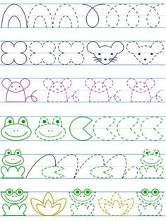 lined paper with different shapes and colors for children's drawings, including frog faces