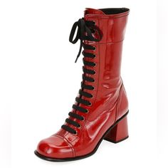 A Rate Find And New With Tags On Bottom From Tomas Maier From 2001 To 2018, He Served As Creative Director At The Italian Brand Bottega Veneta.[ Tomas Maier Patent Leather Mid-Calf Lace-Up Boots Red Shiny Patent Leather Pvc Trim Square-Toes Block Heels Lace-Up Closure At Uppers & Concealed Zip Closure At Sides Stimated Item Measurements Shaft: 9.25" Heels: 2.75" Color: Red Foreign Size: Us 6 Shoe Size 6 New With Tags. Red Faux Leather Heels With Round Toe, Red Faux Leather Closed Toe Boots, Red Patent Leather Heels For Fall, Red High Heel Lace-up Boots For Fall, Fitted Red Faux Leather Boots, Red Fitted Patent Leather Boots, Fitted Red Patent Leather Boots, Red Lace-up Boots For Spring, Fitted Red Faux Leather Heels