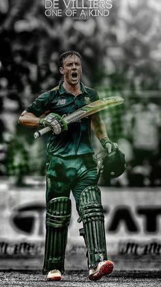 a man holding a cricket bat in his hands and yelling at the camera while standing on top of a field