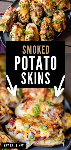 some food that is on top of a plate with the words smoked potato skins above it