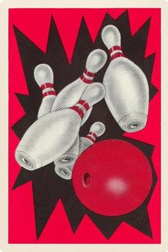 an image of a bowling ball and skis crashing into each other on a red background