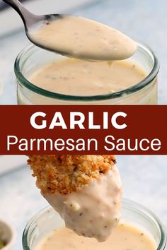 garlic parmesan sauce is being spooned into a glass jar with the dressing in it