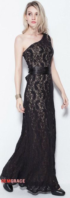 Stylish A-Line One Shoulder Black  Lace Long Formal Dress #CK267 at GemGrace. #WeddingGuestDresses Shop now to get $10 off. Pro custom-made service for wedding dress, formal dress. View Prom Dresses,Fashion Dresses,Wedding Guest Dresses,Cheap Prom Dresses,Black Prom Dresses for more ideas. Click to shop now! Prom Dresses Black, Dresses Wedding Guest, Long Formal Dress, Dresses Cheap, Black Prom, Gowns Of Elegance, Black Prom Dresses, Cheap Prom Dresses, Dress Formal